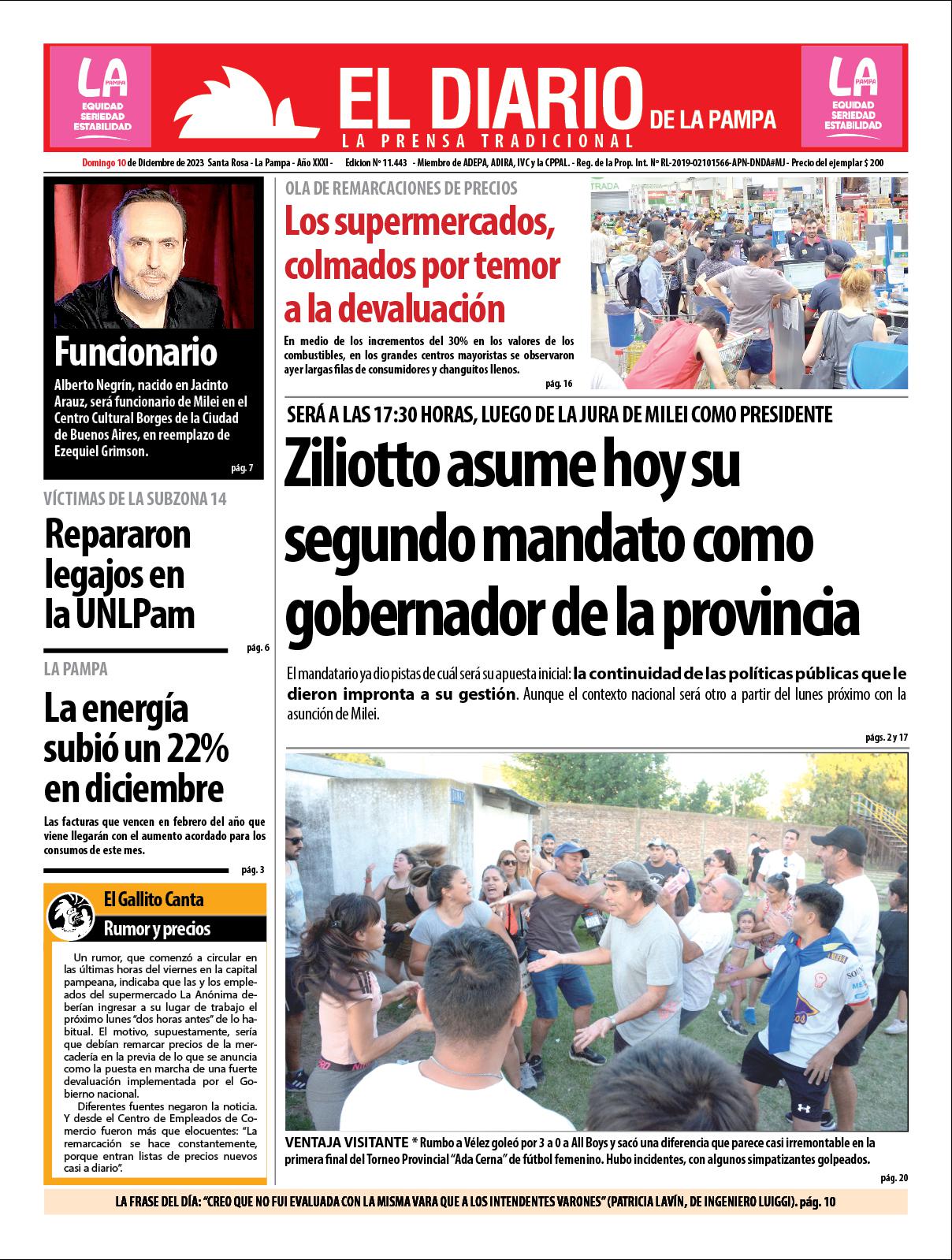 Tapa de El Diario en papel  domingo 10 de diciembre de 2023